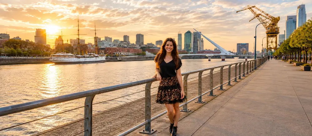 Mujer paseando en Puerto Madero
